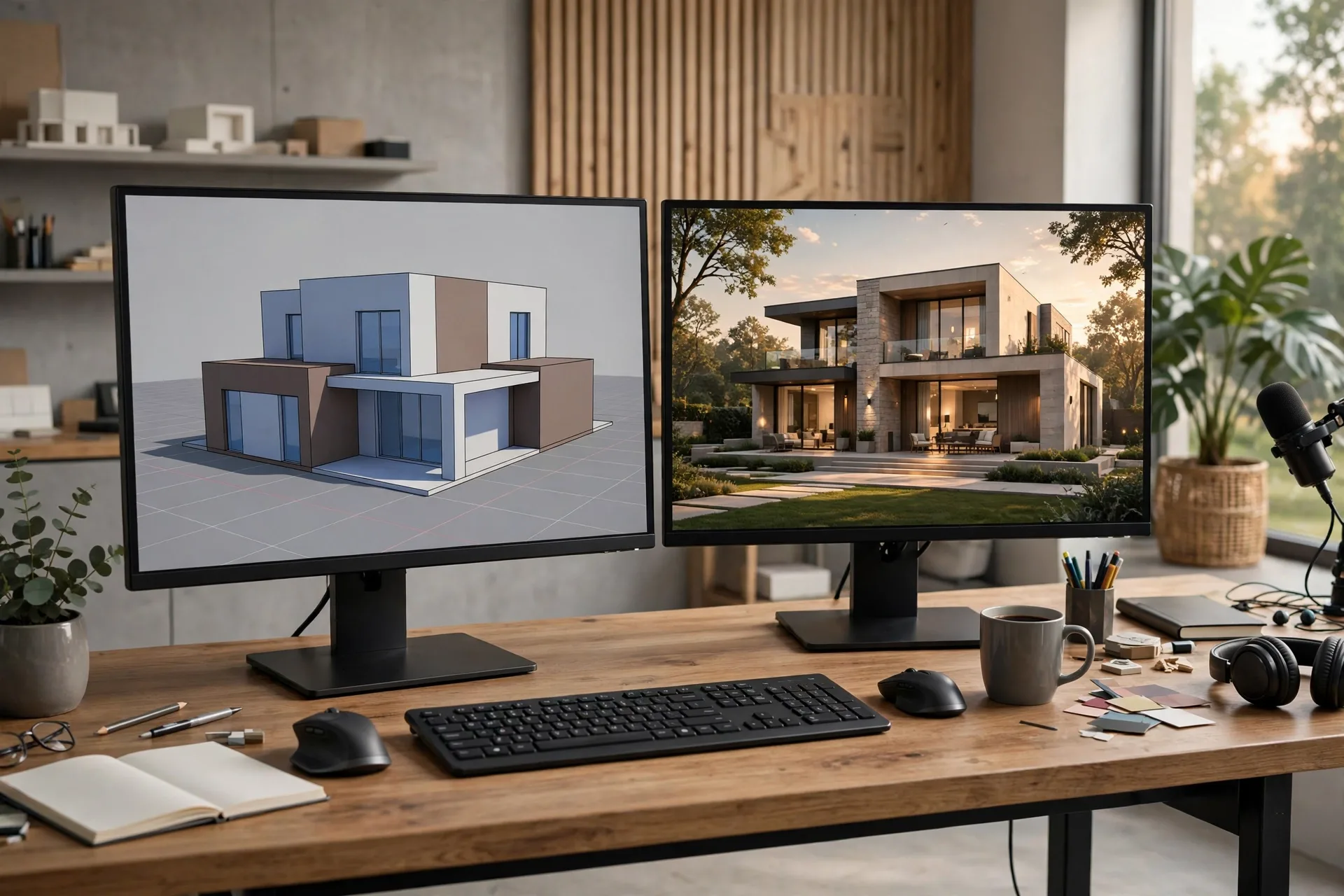 Visualization artist workstation with a SketchUp building model on one screen and a photorealistic Lumion render on another