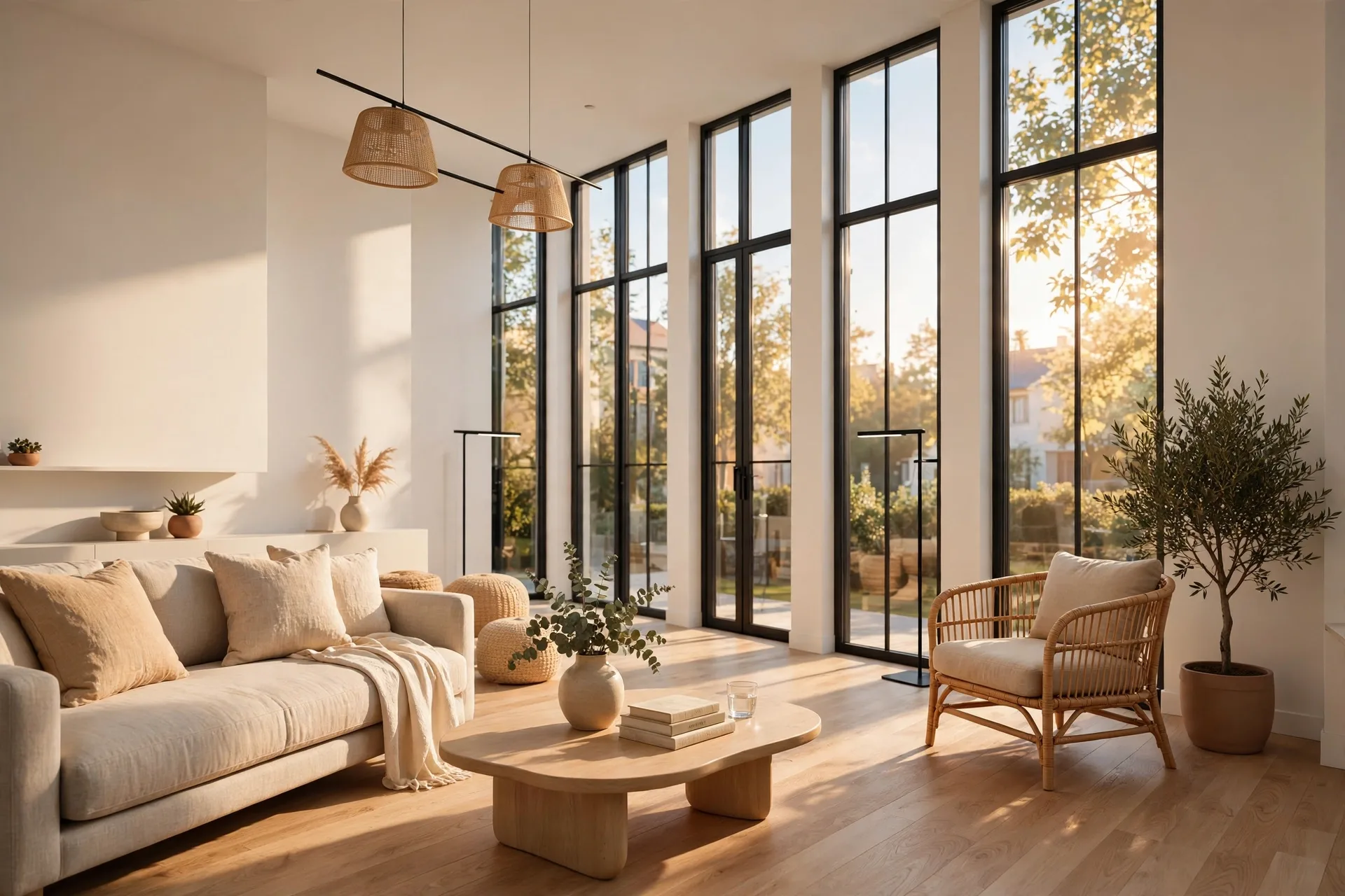 Bright modern living room interior rendered in Lumion with tall windows and warm natural light