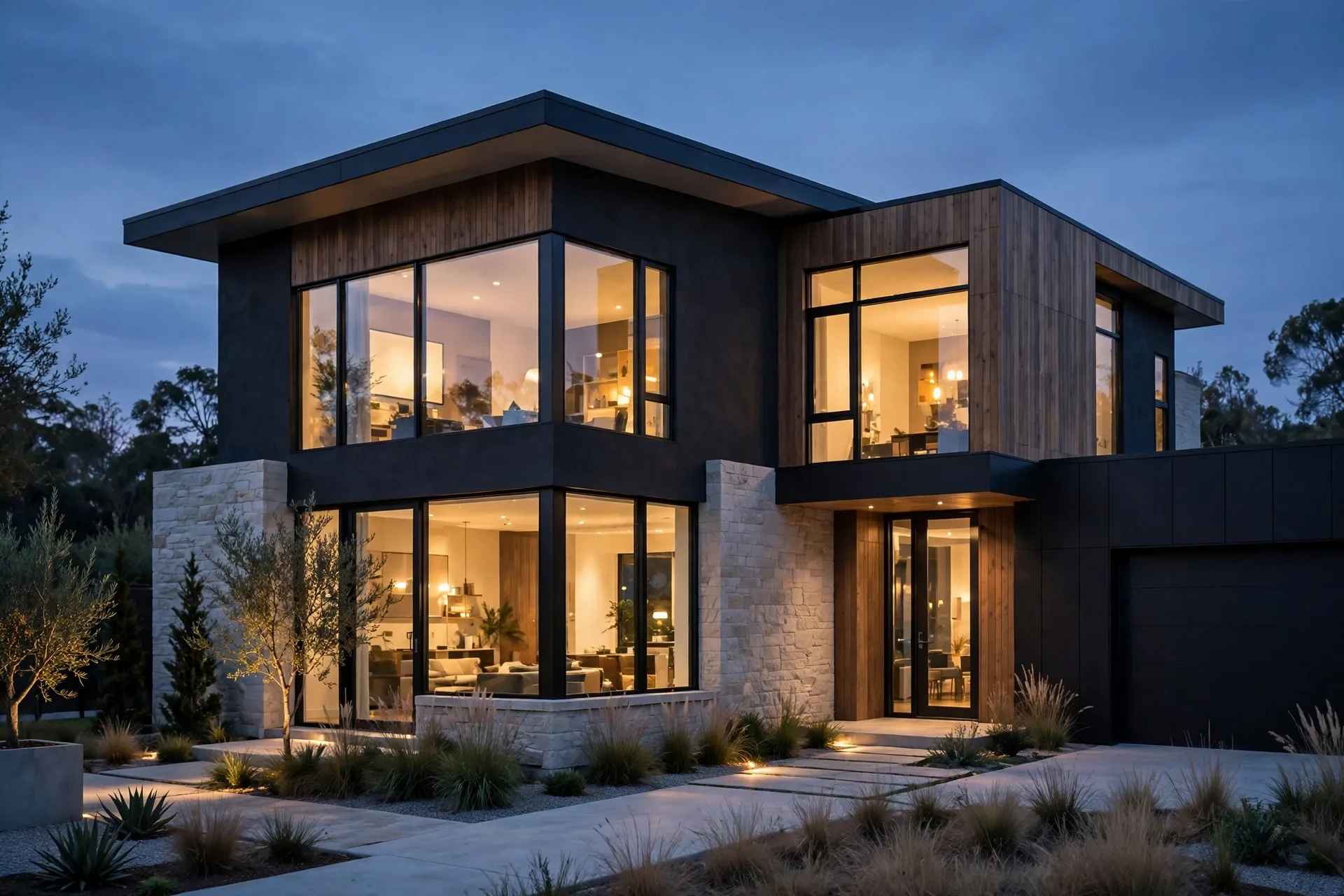 Modern house exterior render at dusk with sharp detailed facade suitable for large-format print
