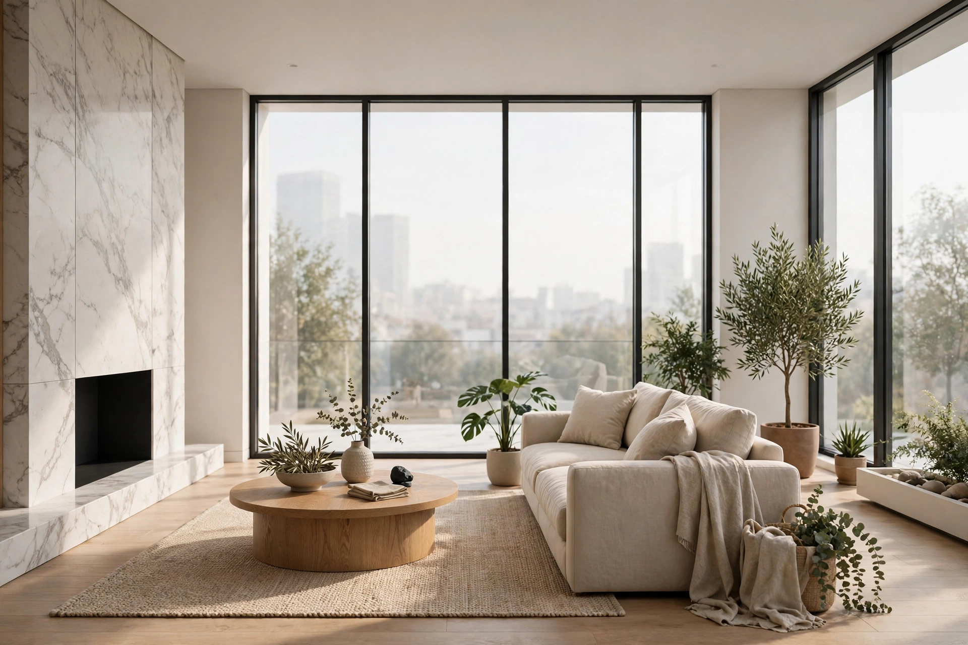 Bright modern living room with floor-to-ceiling windows shown as a photorealistic 3D interior render