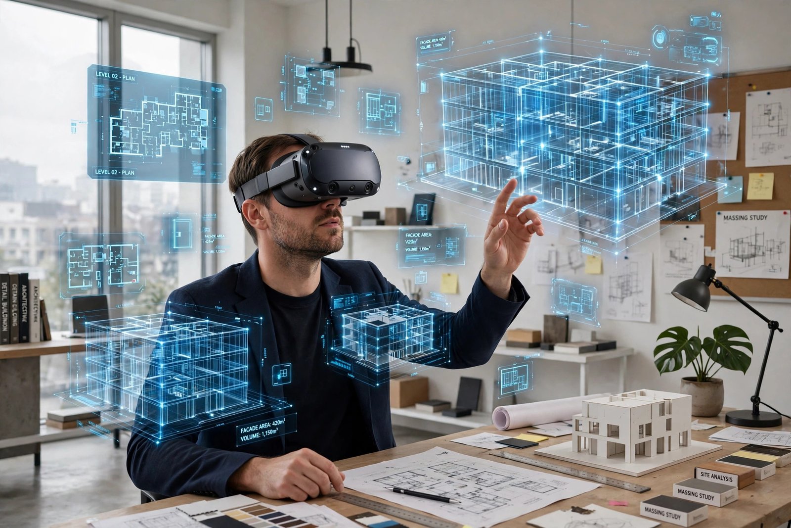 Architect wearing a VR headset experiencing an immersive 3D architectural walkthrough of an unbuilt building