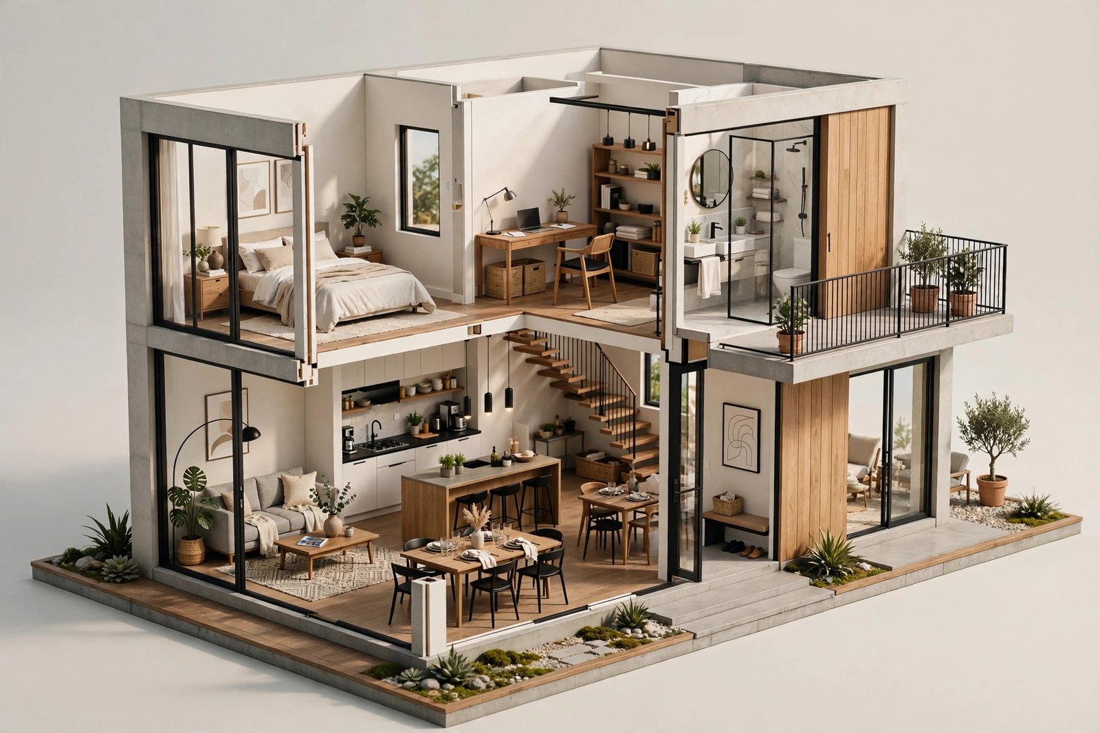 Dollhouse style 3D cutaway view of a two-story modern villa showing furnished interiors on both floors