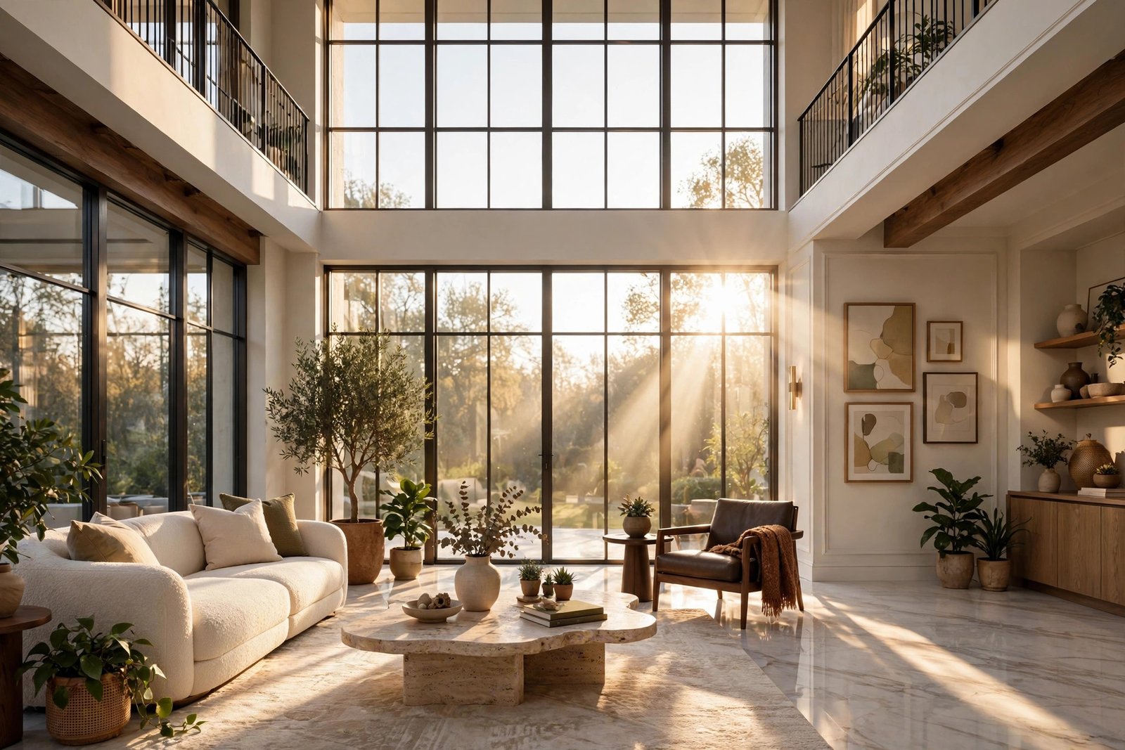 Photorealistic interior 3D render of a luxury living room with tall windows
