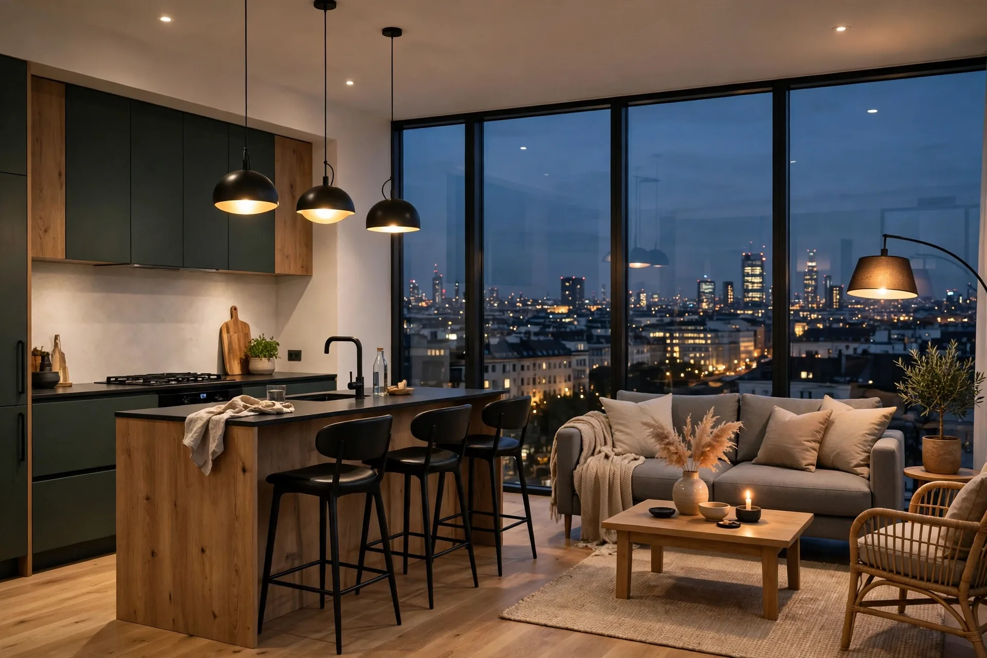 Modern apartment interior rendered in real time in Unreal Engine with evening lighting